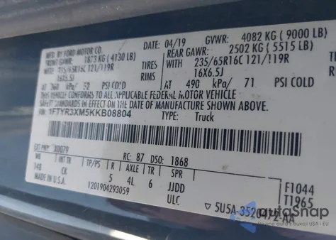 2019 Ford Transit-250 from USA, damaged, VIN 1FTYR3XM5KKB08804